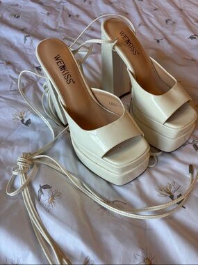 WeKiss Cream Patent Platform Lace-Up Heels with Block Heel
